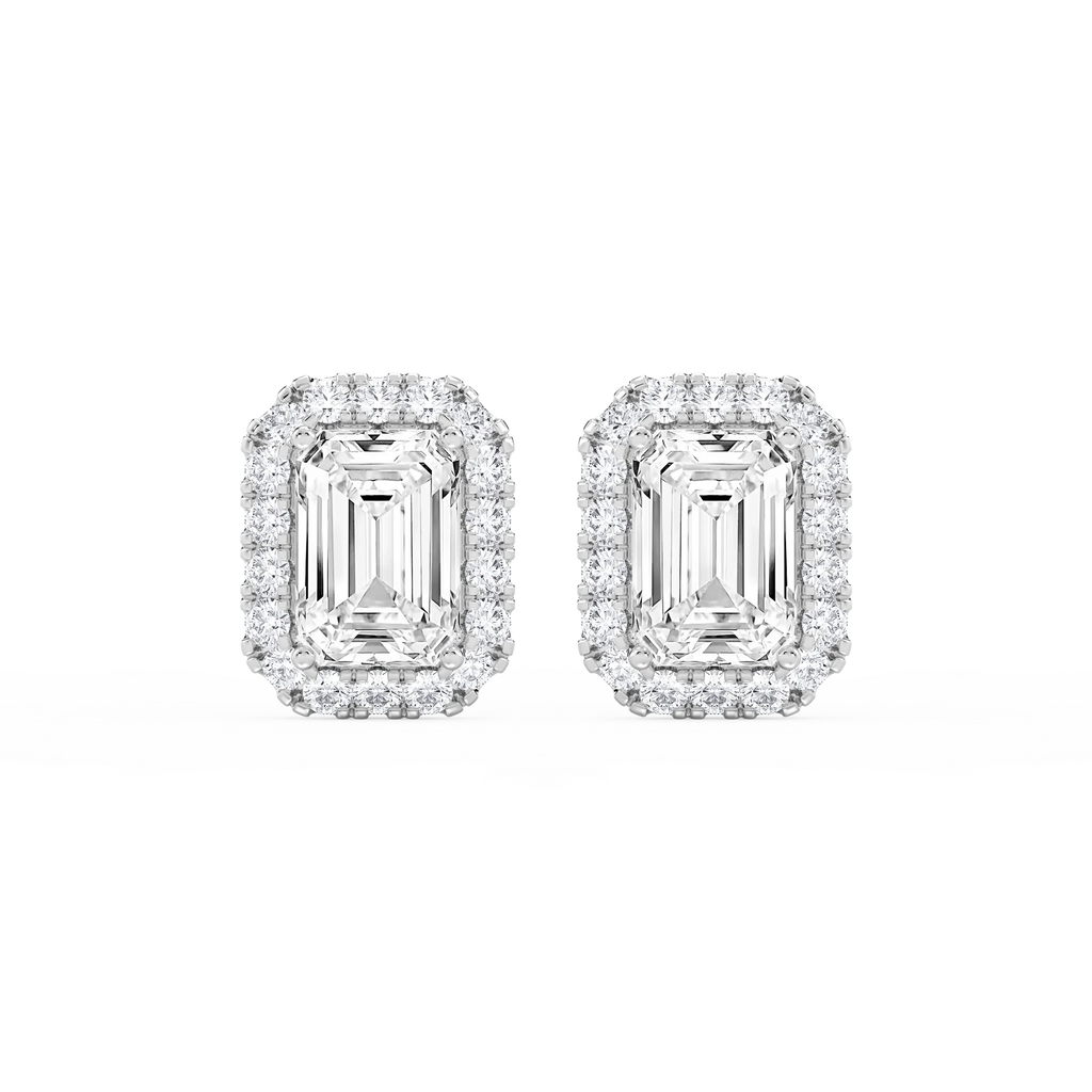 Emerald LGD Four Prong Basket Halo Stud Earrings - 14K White Gold / 8 ⅞ ctw