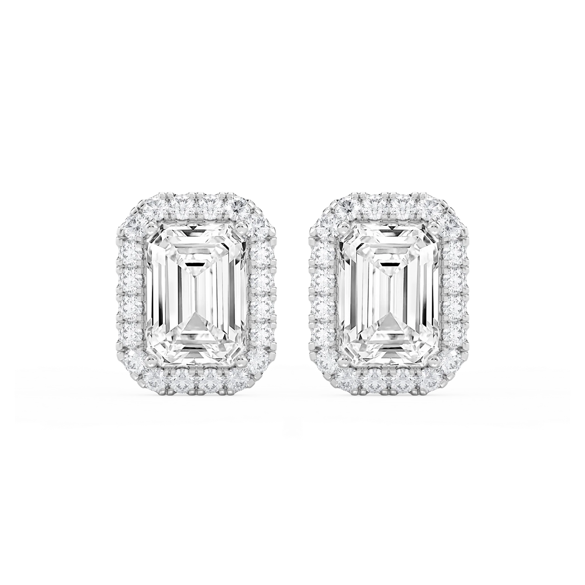 Emerald LGD Four Prong Basket Halo Stud Earrings - 14K White Gold / 11 ¹⁄₁₅ ctw