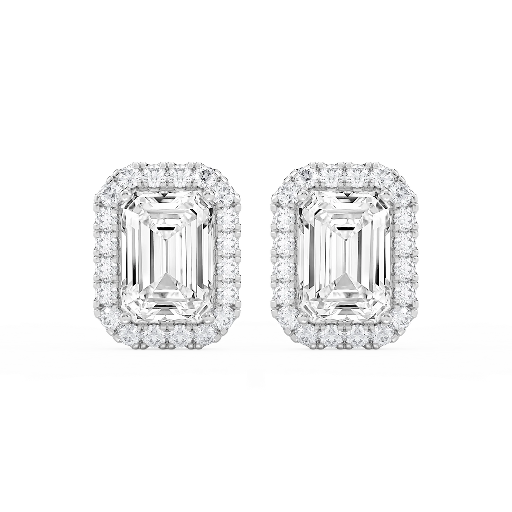 Emerald LGD Four Prong Basket Halo Stud Earrings - 14K White Gold / 13 ¼ ctw