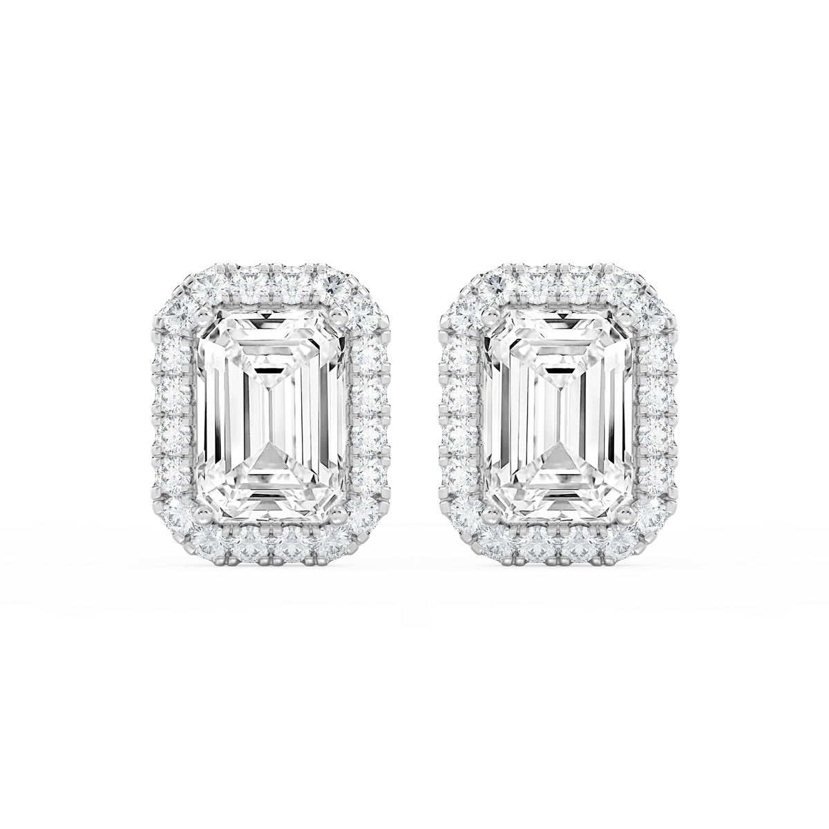 Emerald LGD Four Prong Basket Halo Stud Earrings - 14K White Gold / 13 ¼ ctw
