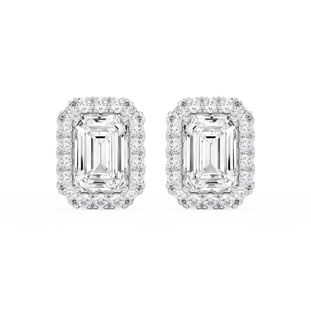 Emerald LGD Four Prong Basket Halo Stud Earrings - 14K White Gold / 15 ⅞ ctw