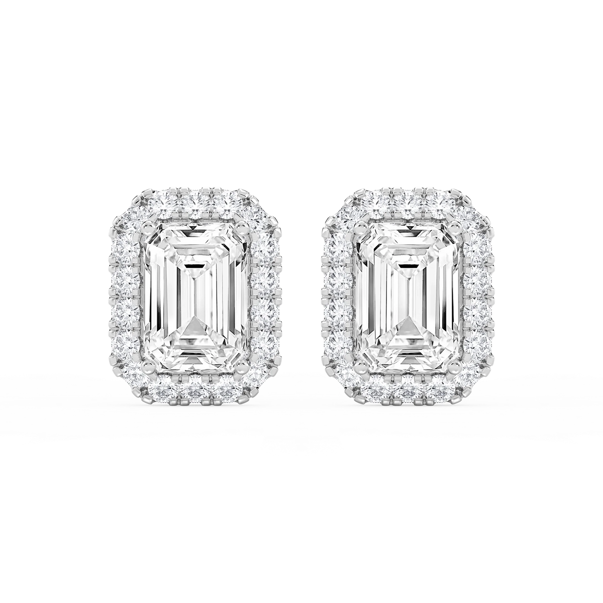 Emerald LGD Four Prong Basket Halo Stud Earrings - 14K White Gold / 15 ⅞ ctw