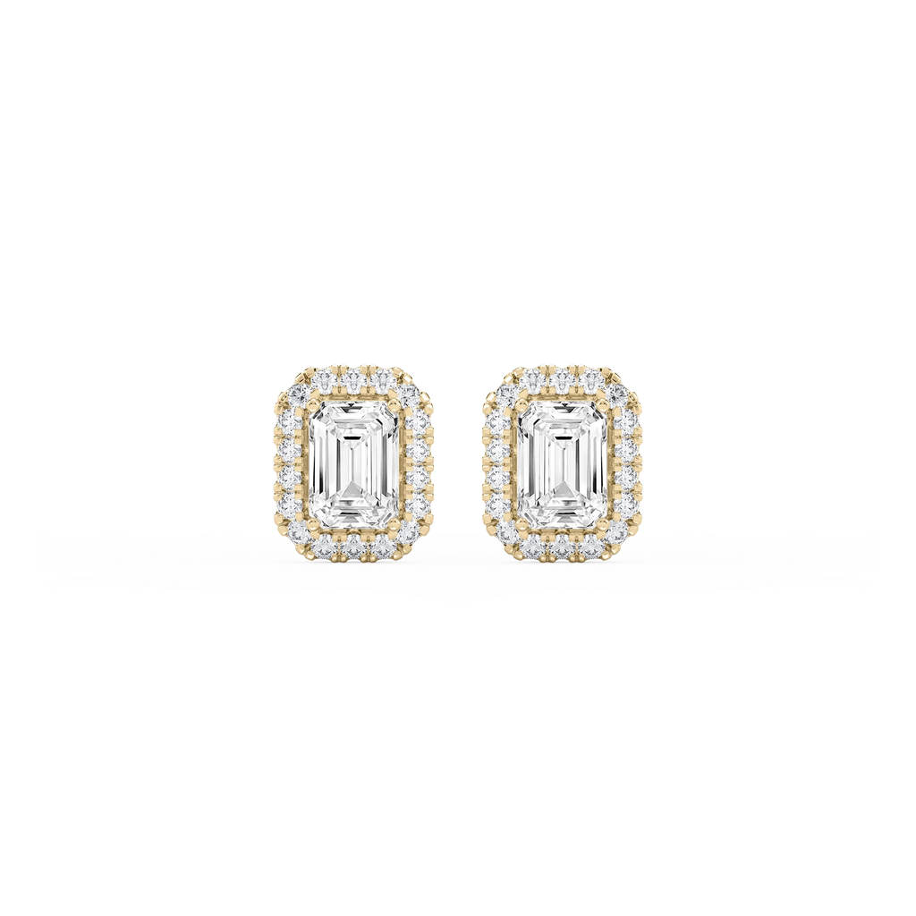 Emerald LGD Four Prong Basket Halo Stud Earrings - 14K Yellow Gold / 2 ¼ ctw