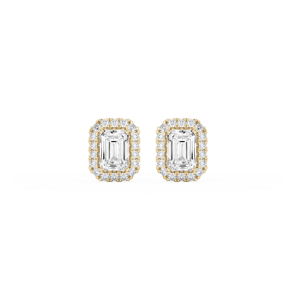 Emerald LGD Four Prong Basket Halo Stud Earrings - 14K Yellow Gold / 2 ¼ ctw