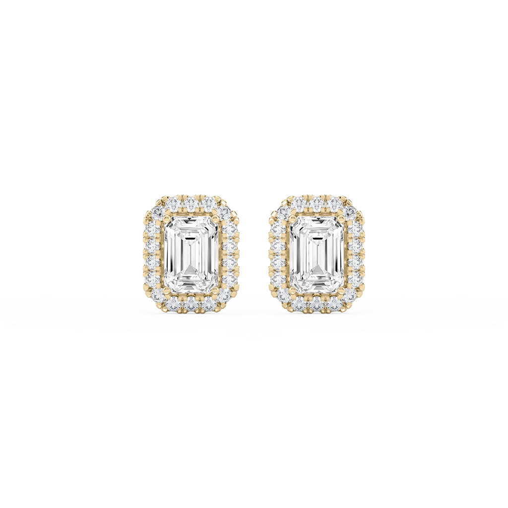 Emerald LGD Four Prong Basket Halo Stud Earrings - 14K Yellow Gold / 3 ⅖ ctw