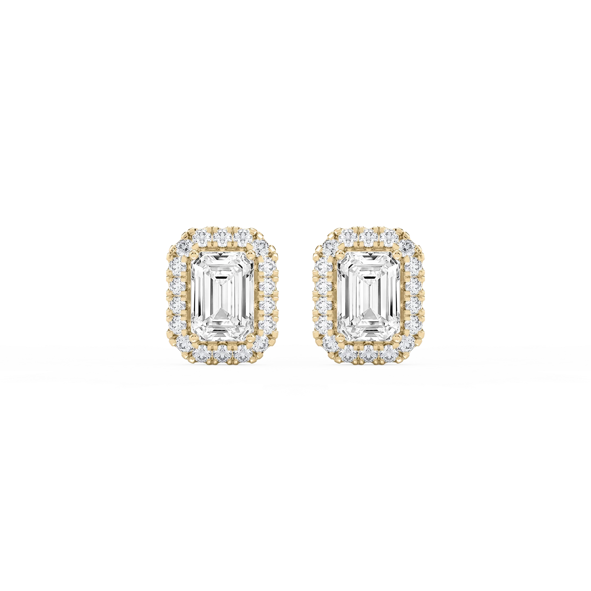 Emerald LGD Four Prong Basket Halo Stud Earrings - 14K Yellow Gold / 3 ⅖ ctw
