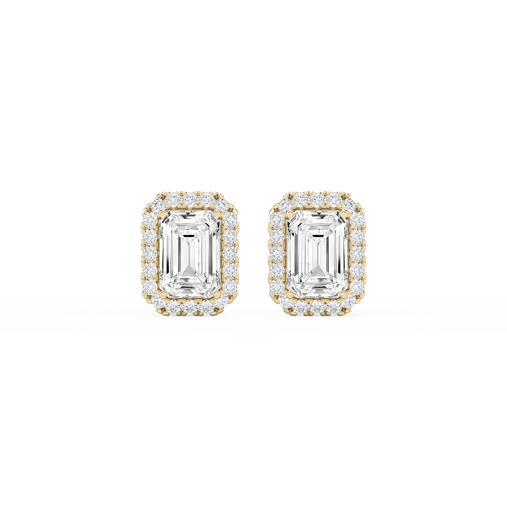 Emerald LGD Four Prong Basket Halo Stud Earrings - 14K Yellow Gold / 4 ½ ctw