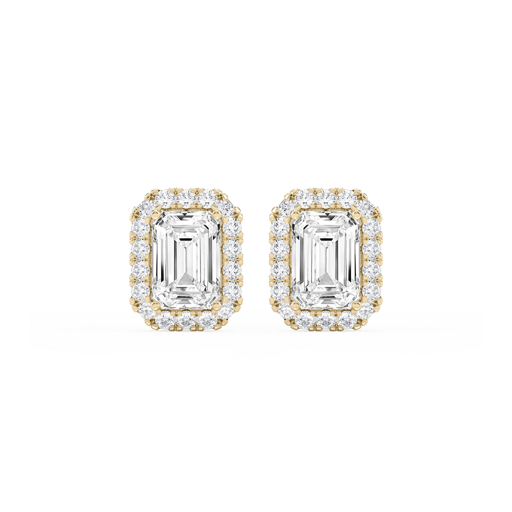 Emerald LGD Four Prong Basket Halo Stud Earrings - 14K Yellow Gold / 5 ½ ctw