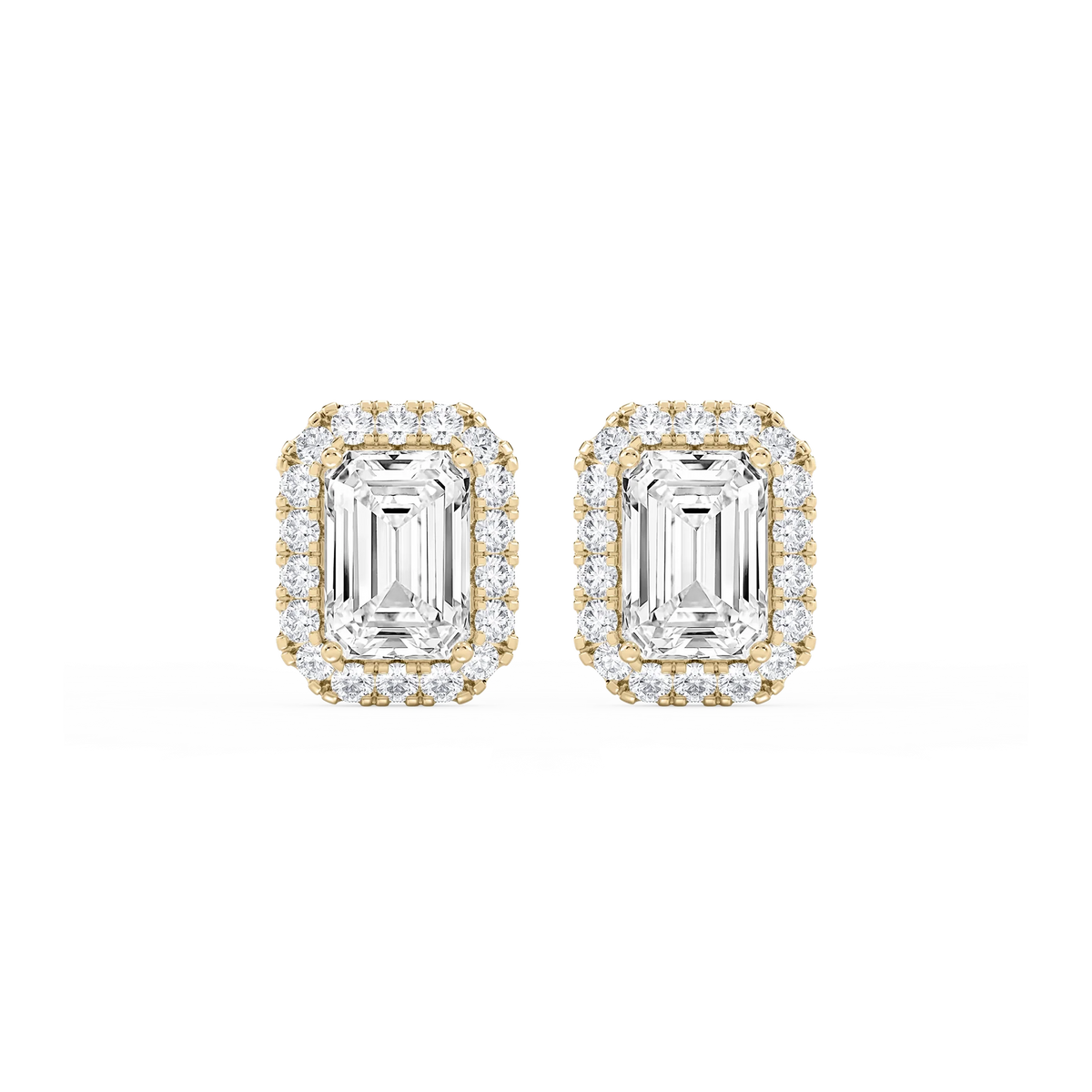 Emerald LGD Four Prong Basket Halo Stud Earrings - 14K Yellow Gold / 5 ½ ctw