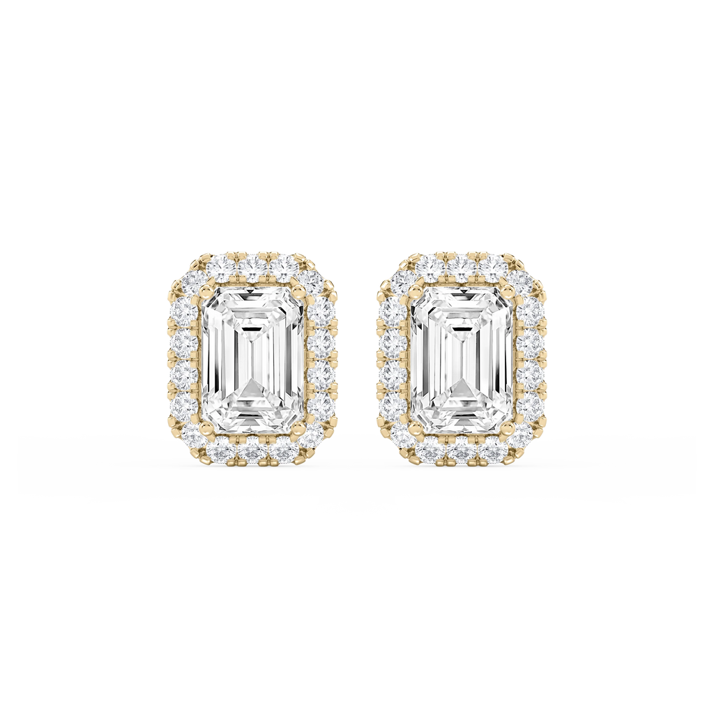 Emerald LGD Four Prong Basket Halo Stud Earrings - 14K Yellow Gold / 6 ⅝ ctw