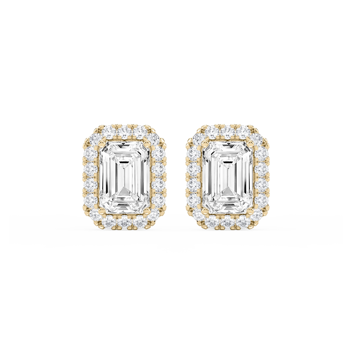 Emerald LGD Four Prong Basket Halo Stud Earrings - 14K Yellow Gold / 6 ⅝ ctw