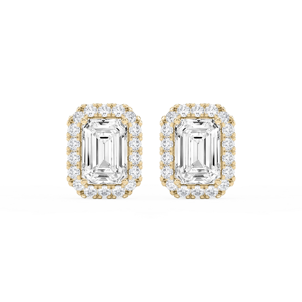 Emerald LGD Four Prong Basket Halo Stud Earrings - 14K Yellow Gold / 8 ⅞ ctw