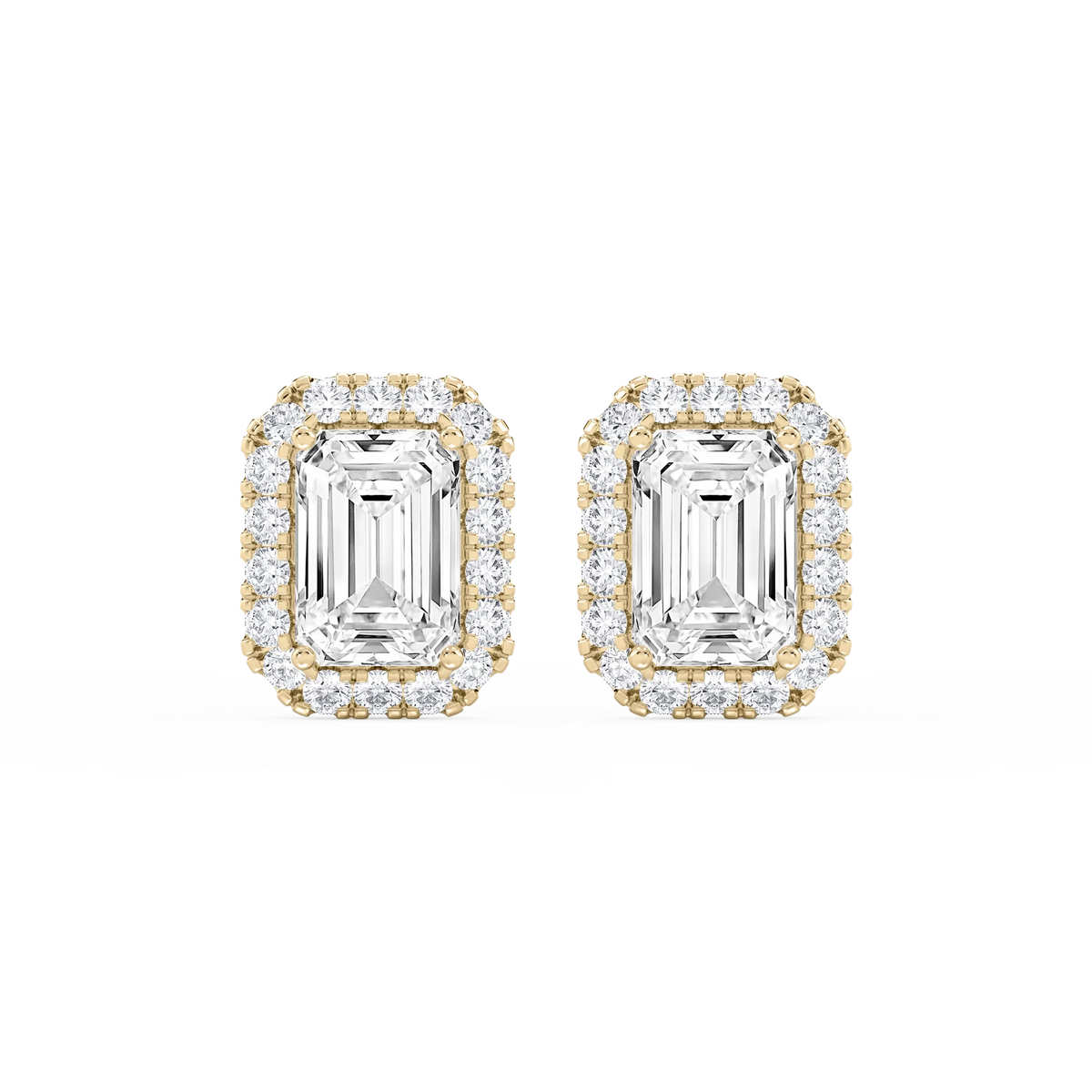 Emerald LGD Four Prong Basket Halo Stud Earrings - 14K Yellow Gold / 8 ⅞ ctw