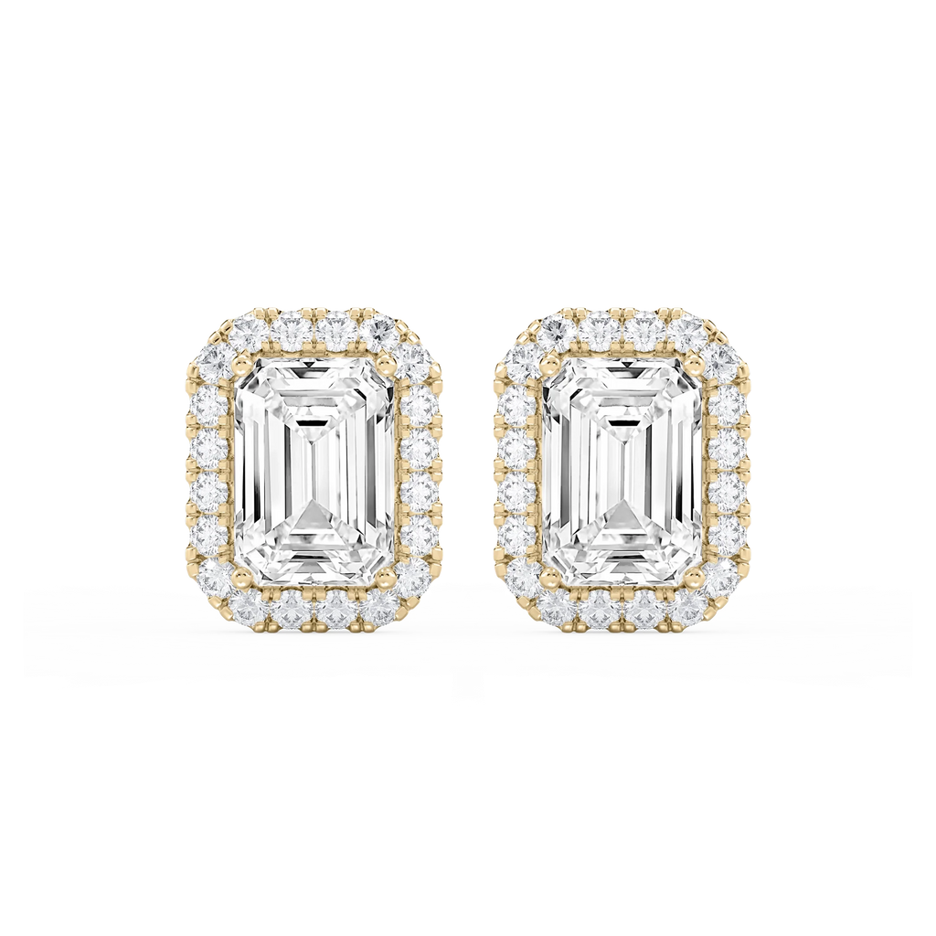 Emerald LGD Four Prong Basket Halo Stud Earrings - 14K Yellow Gold / 11 ¹⁄₁₅ ctw