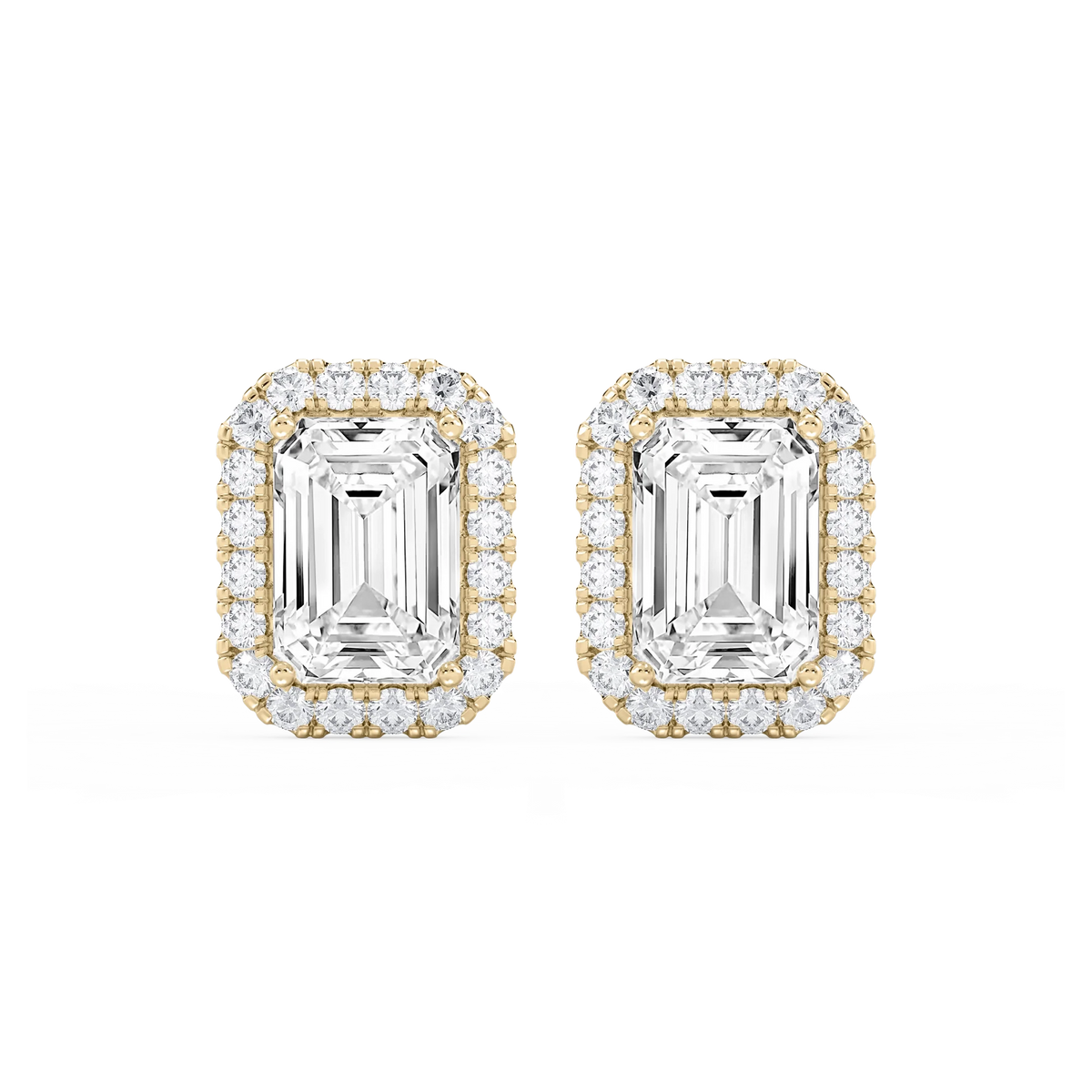 Emerald LGD Four Prong Basket Halo Stud Earrings - 14K Yellow Gold / 11 ¹⁄₁₅ ctw