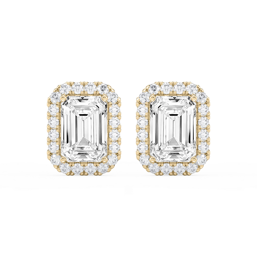Emerald LGD Four Prong Basket Halo Stud Earrings - 14K Yellow Gold / 13 ¼ ctw