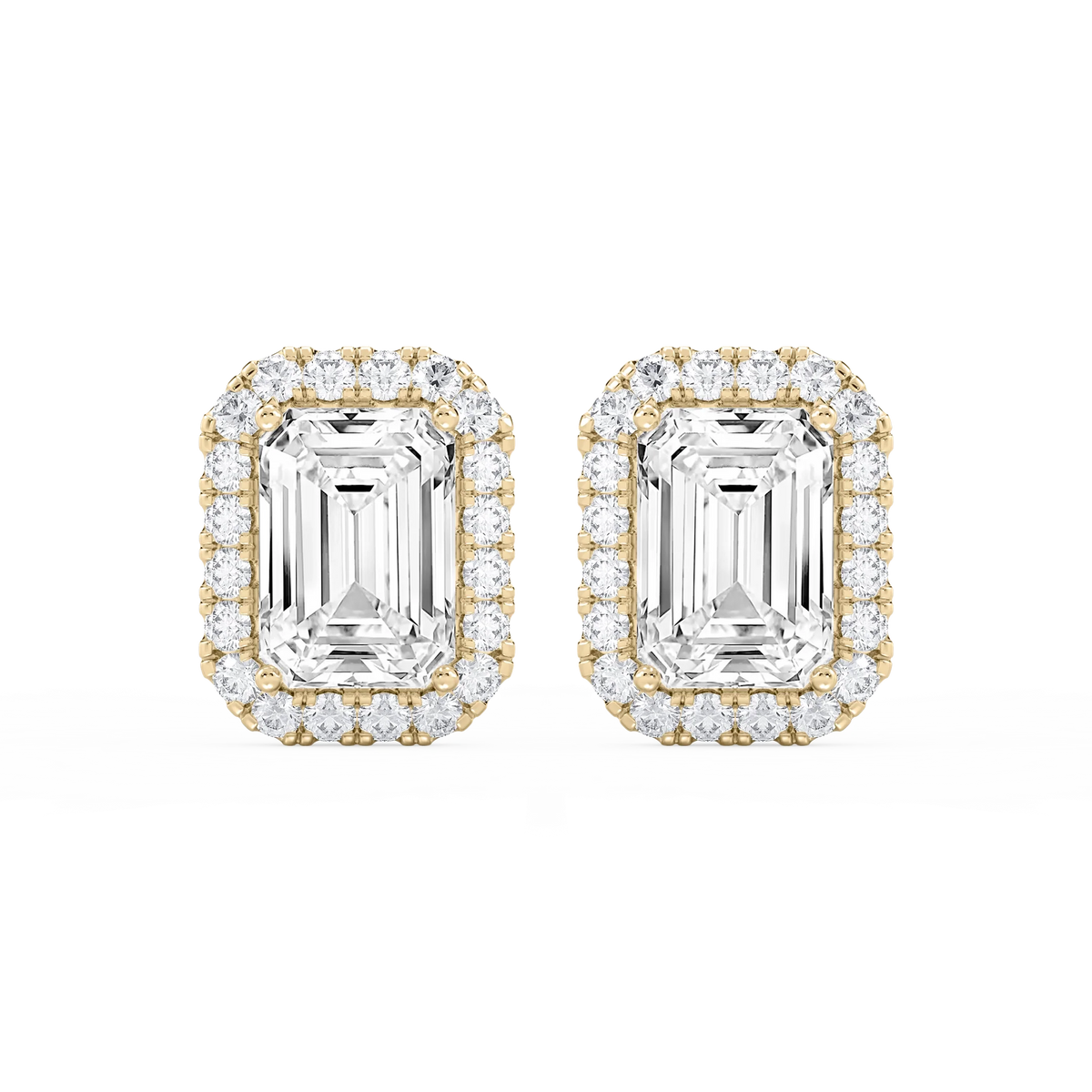 Emerald LGD Four Prong Basket Halo Stud Earrings - 14K Yellow Gold / 13 ¼ ctw
