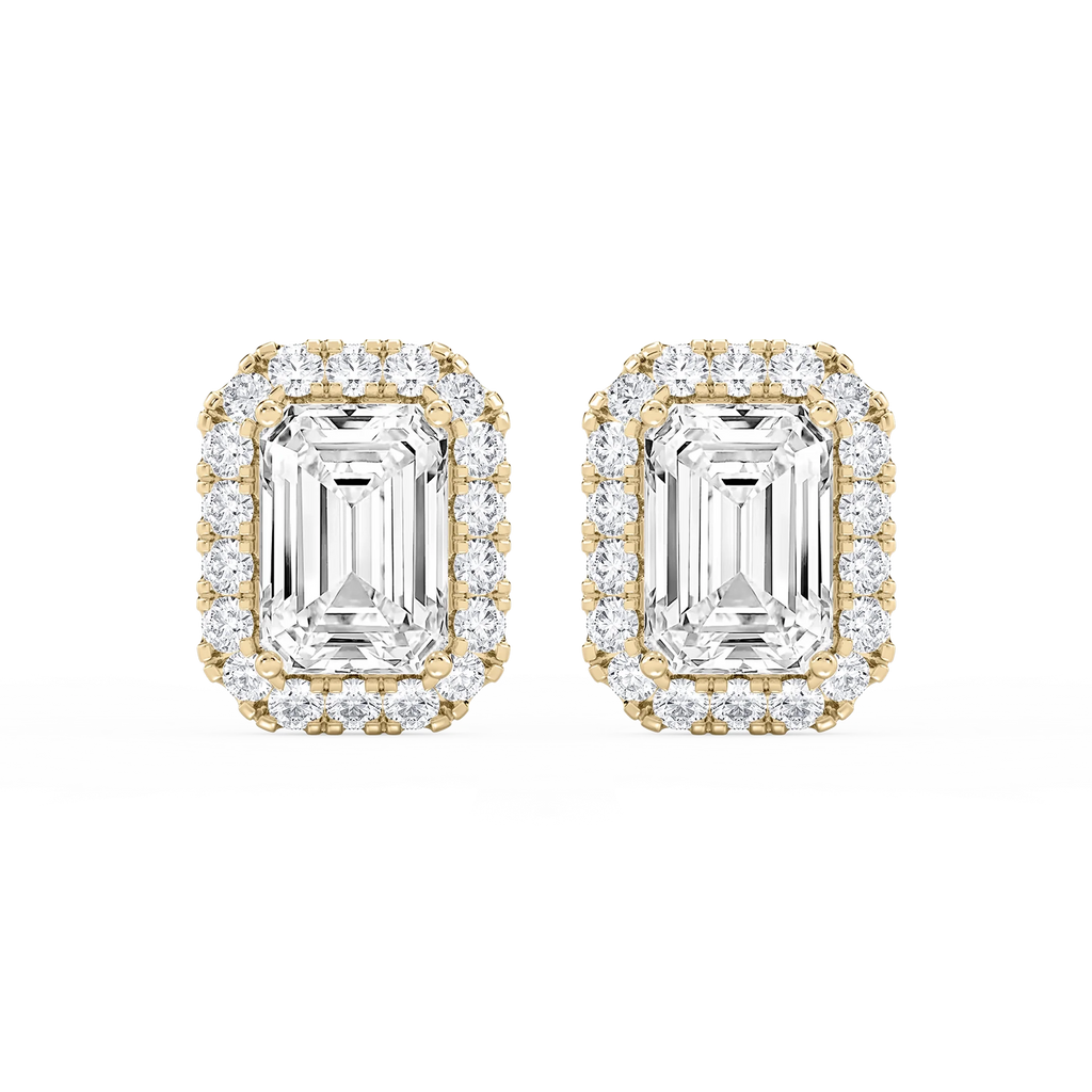 Emerald LGD Four Prong Basket Halo Stud Earrings - 14K Yellow Gold / 15 ⅞ ctw