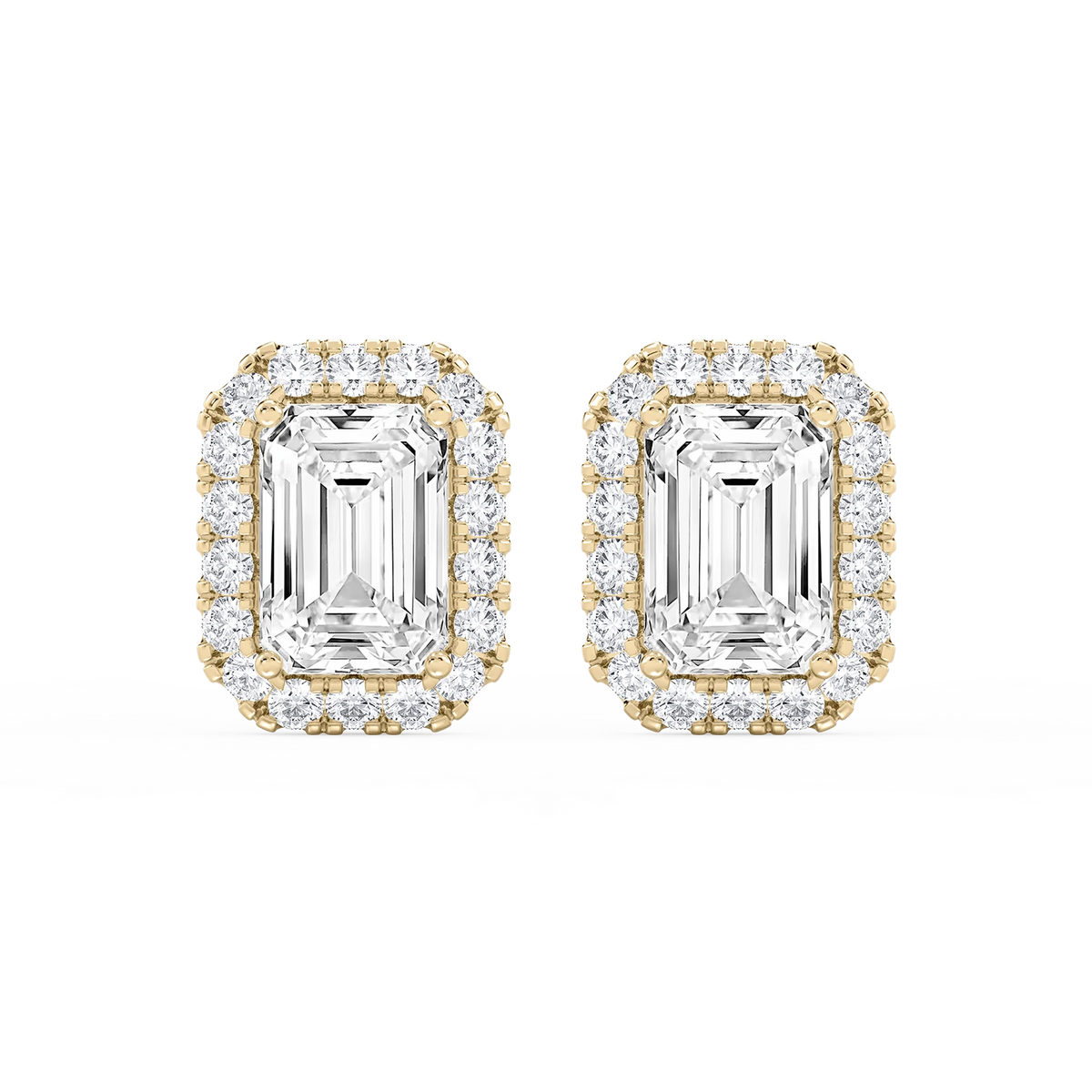 Emerald LGD Four Prong Basket Halo Stud Earrings - 14K Yellow Gold / 15 ⅞ ctw