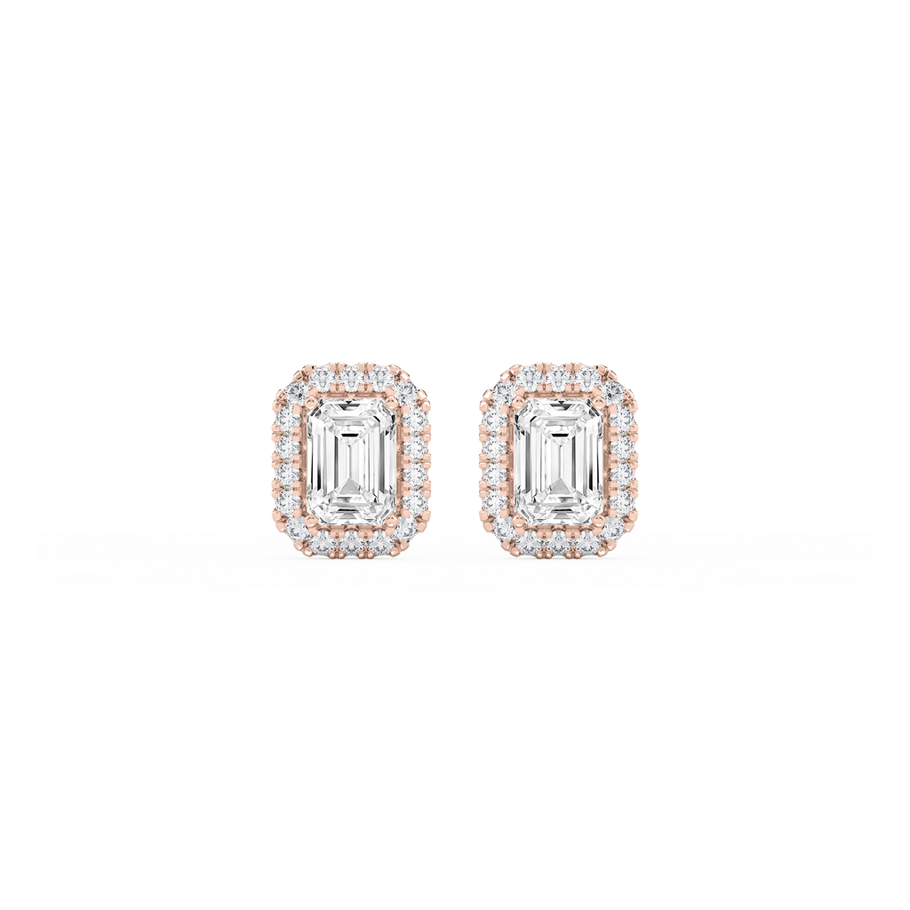 Emerald LGD Four Prong Basket Halo Stud Earrings - 14K Rose Gold / 2 ¼ ctw