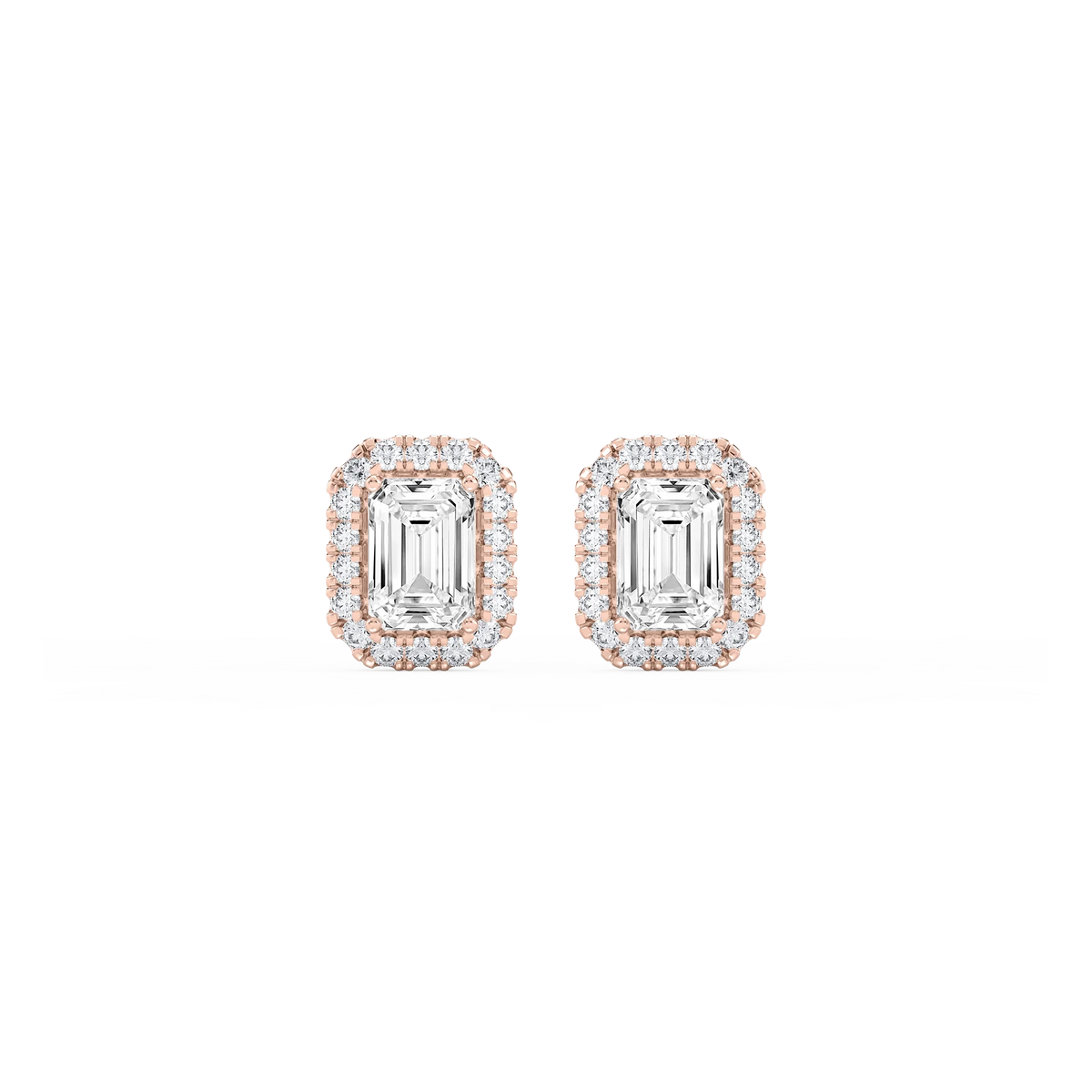 Emerald LGD Four Prong Basket Halo Stud Earrings - 14K Rose Gold / 2 ¼ ctw