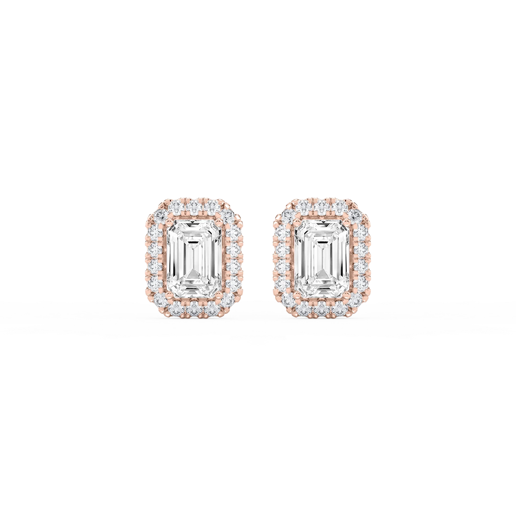 Emerald LGD Four Prong Basket Halo Stud Earrings - 14K Rose Gold / 3 ⅖ ctw