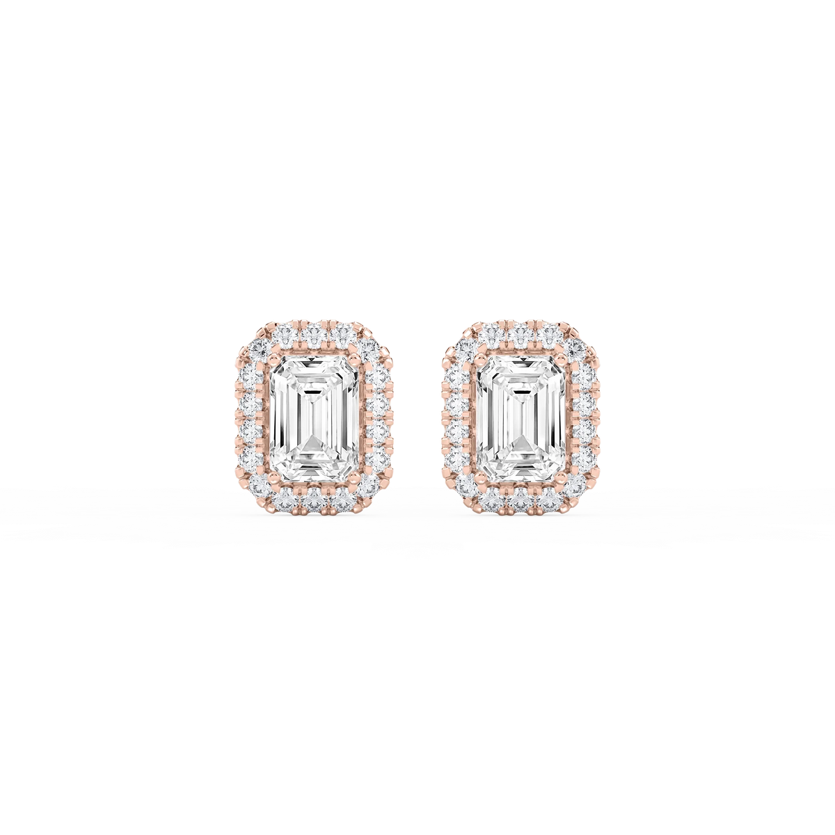 Emerald LGD Four Prong Basket Halo Stud Earrings - 14K Rose Gold / 3 ⅖ ctw