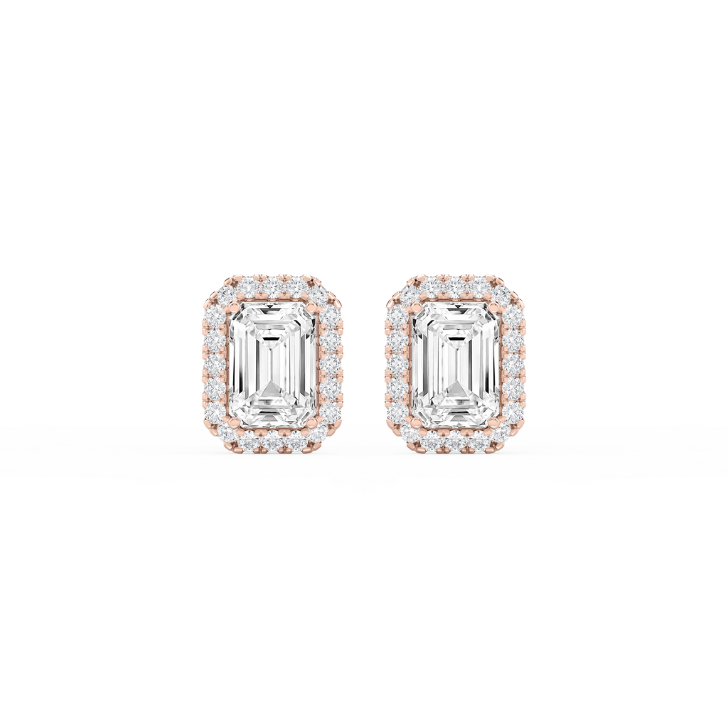 Emerald LGD Four Prong Basket Halo Stud Earrings - 14K Rose Gold / 4 ½ ctw