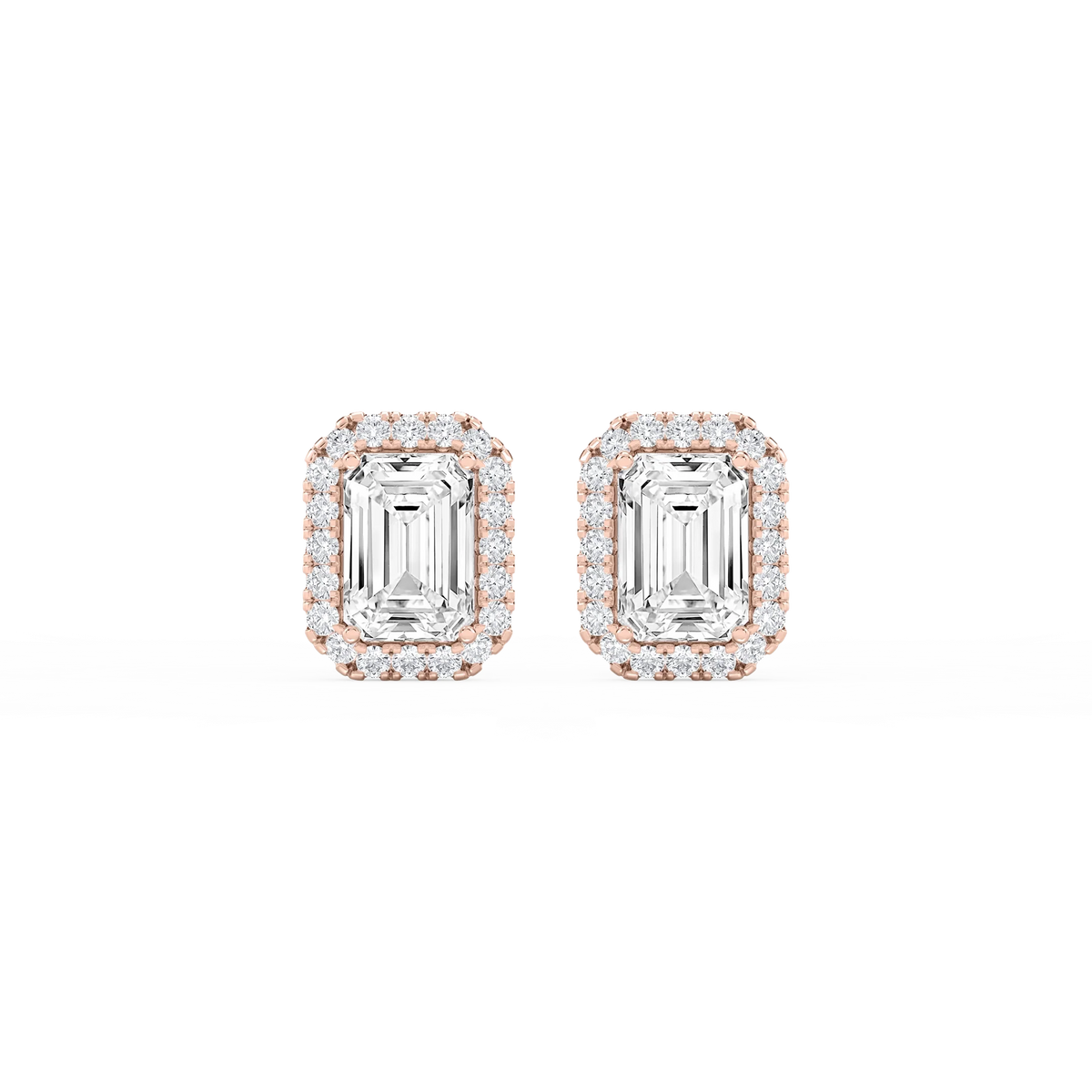 Emerald LGD Four Prong Basket Halo Stud Earrings - 14K Rose Gold / 4 ½ ctw