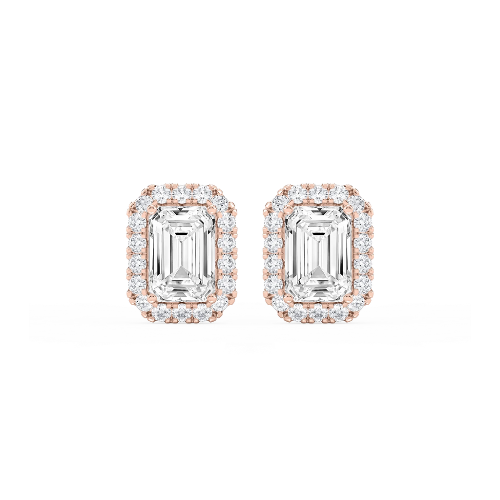 Emerald LGD Four Prong Basket Halo Stud Earrings - 14K Rose Gold / 5 ½ ctw