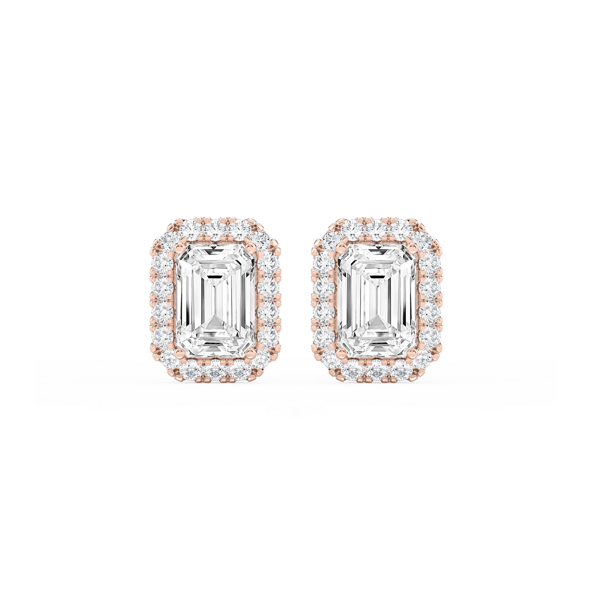 Emerald LGD Four Prong Basket Halo Stud Earrings - 14K Rose Gold / 5 ½ ctw