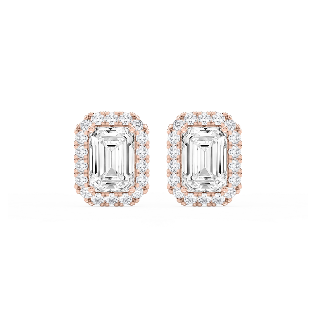 Emerald LGD Four Prong Basket Halo Stud Earrings - 14K Rose Gold / 6 ⅝ ctw
