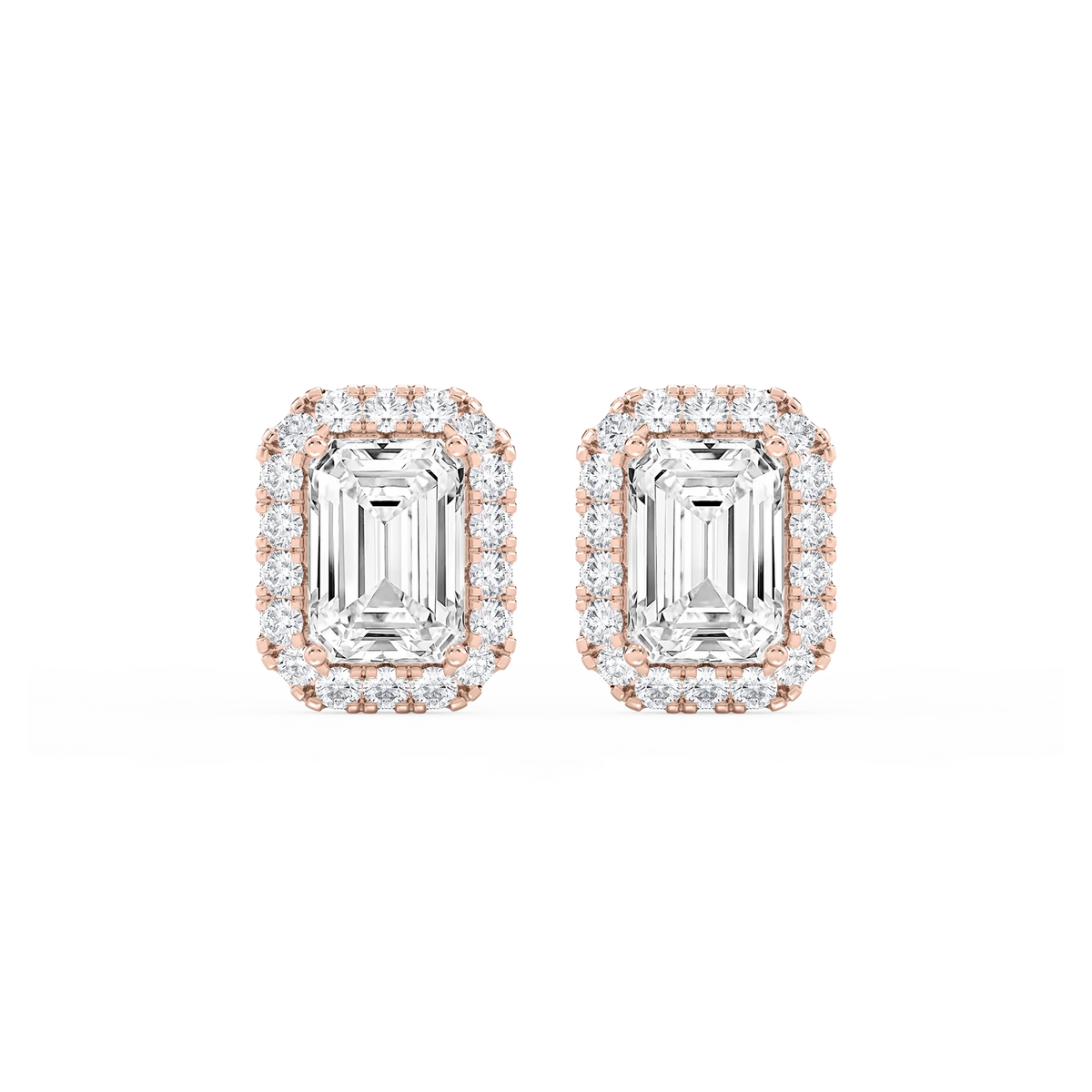 Emerald LGD Four Prong Basket Halo Stud Earrings - 14K Rose Gold / 6 ⅝ ctw