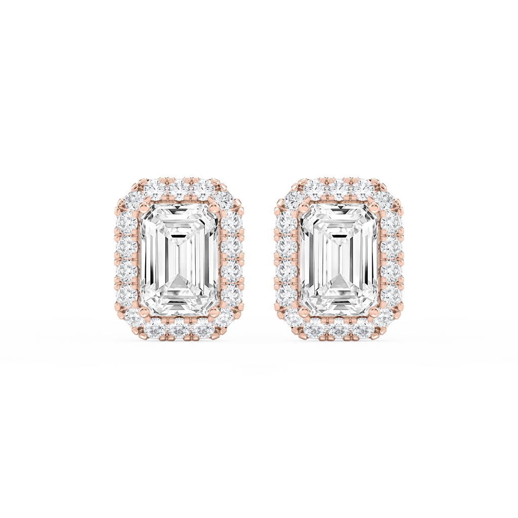 Emerald LGD Four Prong Basket Halo Stud Earrings - 14K Rose Gold / 8 ⅞ ctw