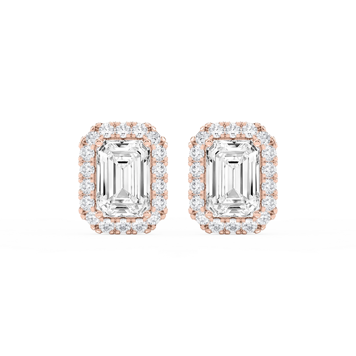 Emerald LGD Four Prong Basket Halo Stud Earrings - 14K Rose Gold / 8 ⅞ ctw