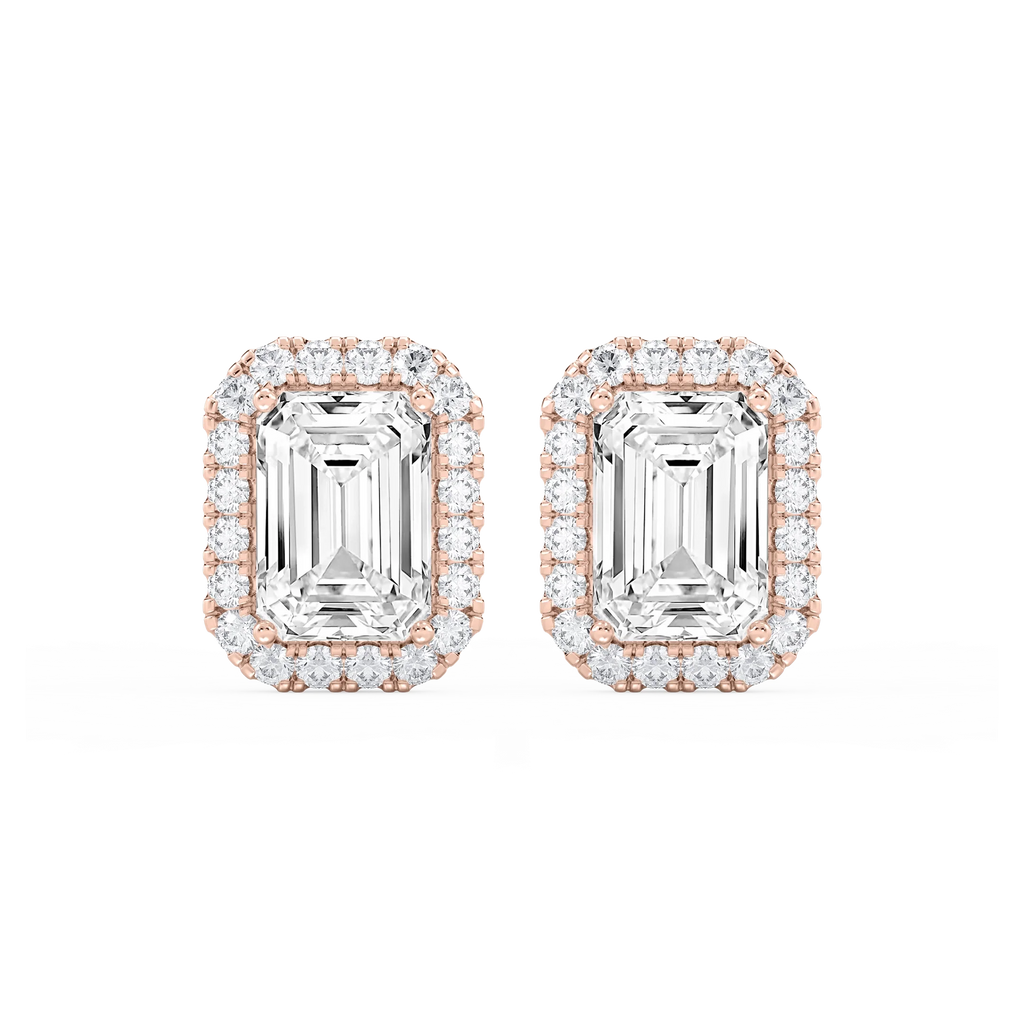 Emerald LGD Four Prong Basket Halo Stud Earrings - 14K Rose Gold / 11 ¹⁄₁₅ ctw