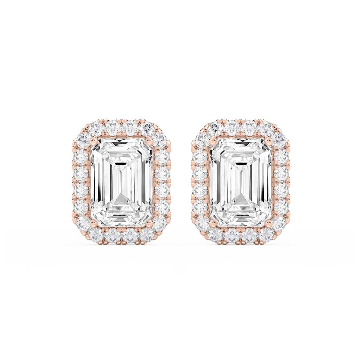 Emerald LGD Four Prong Basket Halo Stud Earrings - 14K Rose Gold / 11 ¹⁄₁₅ ctw