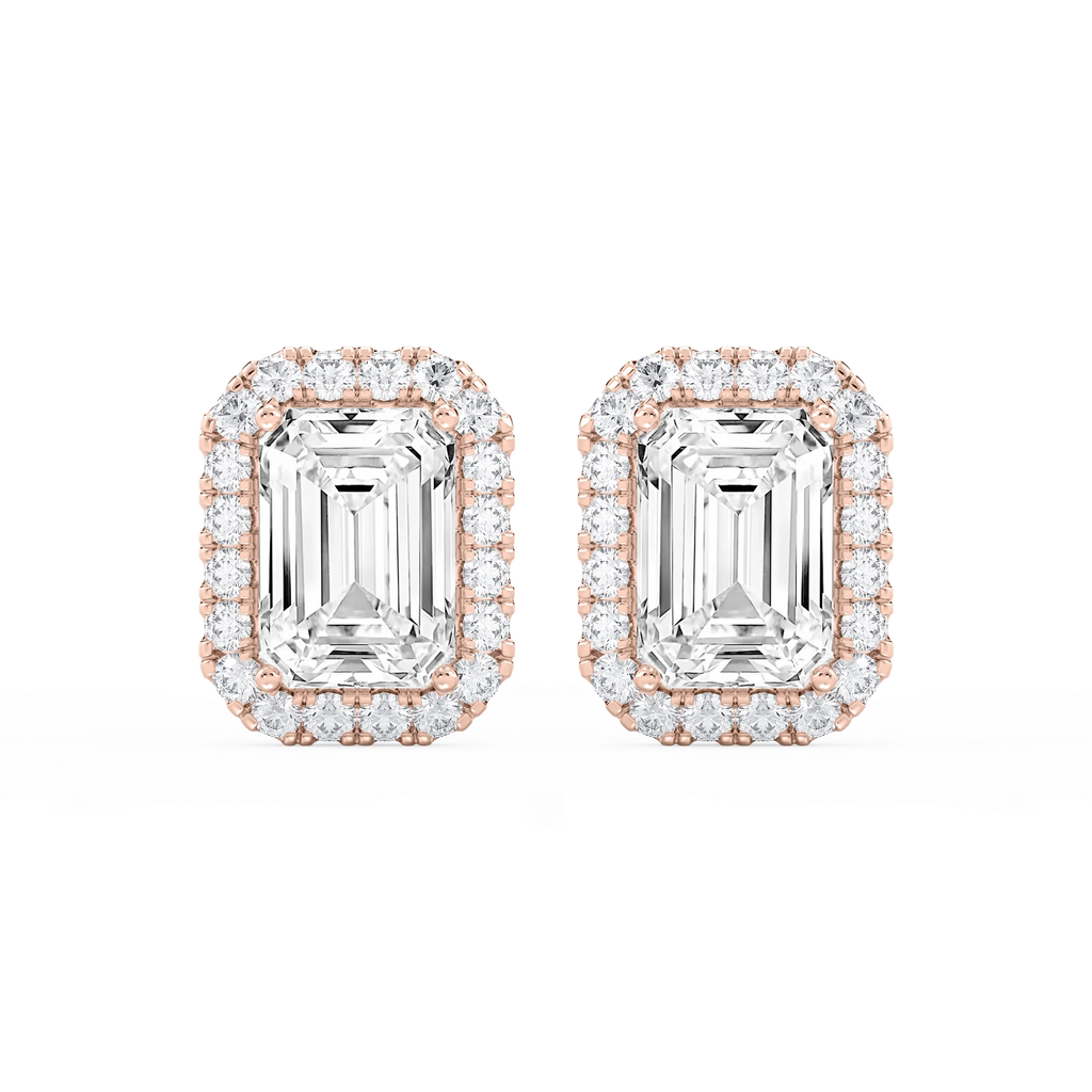 Emerald LGD Four Prong Basket Halo Stud Earrings - 14K Rose Gold / 13 ¼ ctw