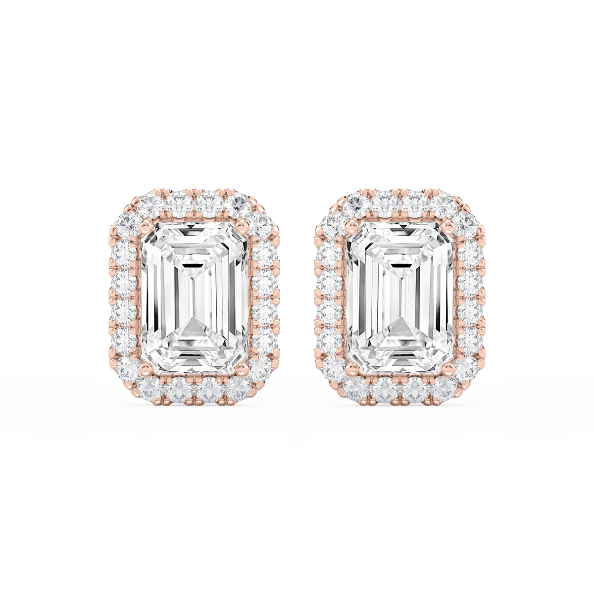 Emerald LGD Four Prong Basket Halo Stud Earrings - 14K Rose Gold / 13 ¼ ctw