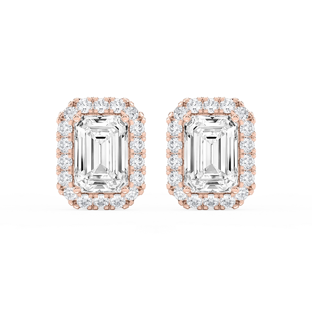 Emerald LGD Four Prong Basket Halo Stud Earrings - 14K Rose Gold / 15 ⅞ ctw