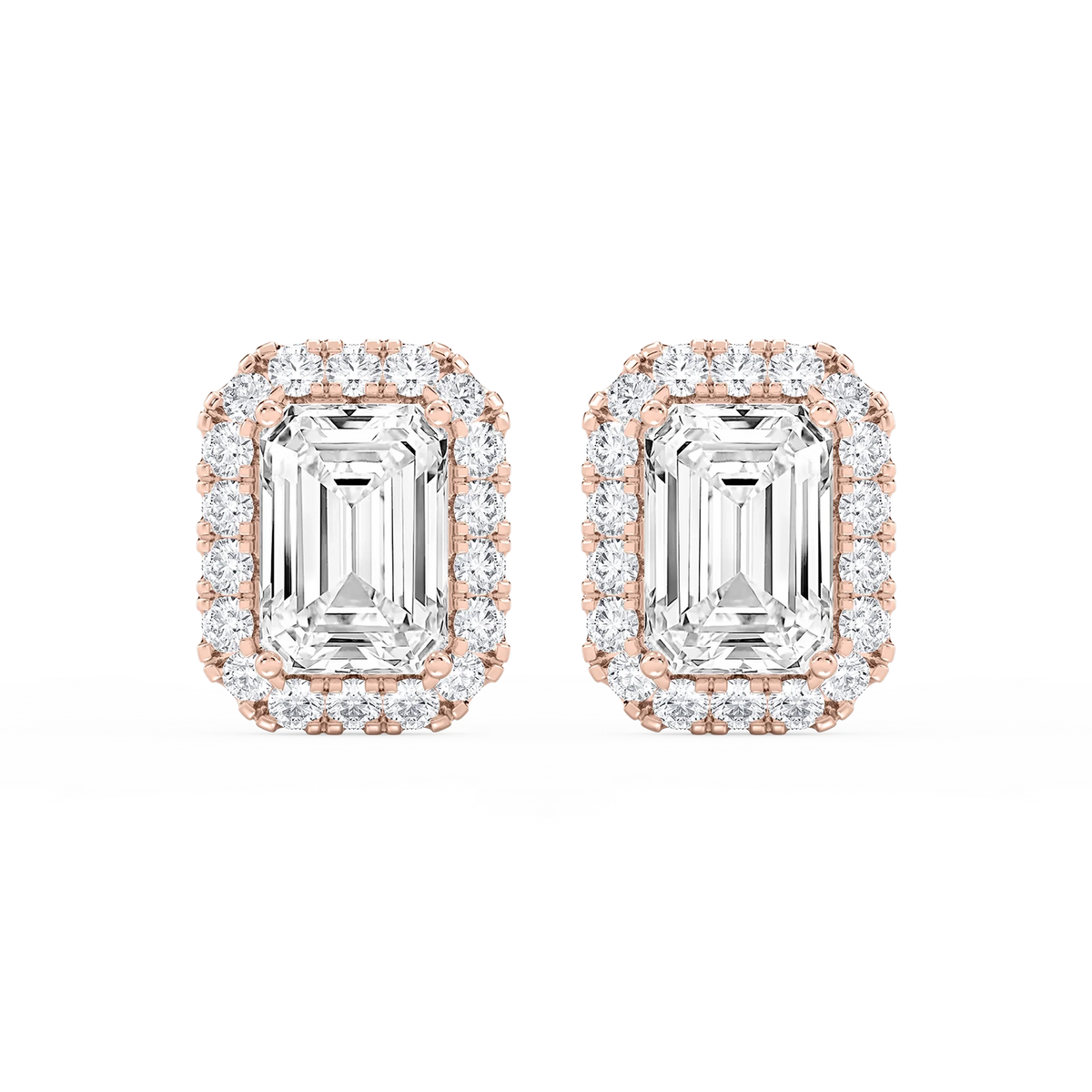 Emerald LGD Four Prong Basket Halo Stud Earrings - 14K Rose Gold / 15 ⅞ ctw