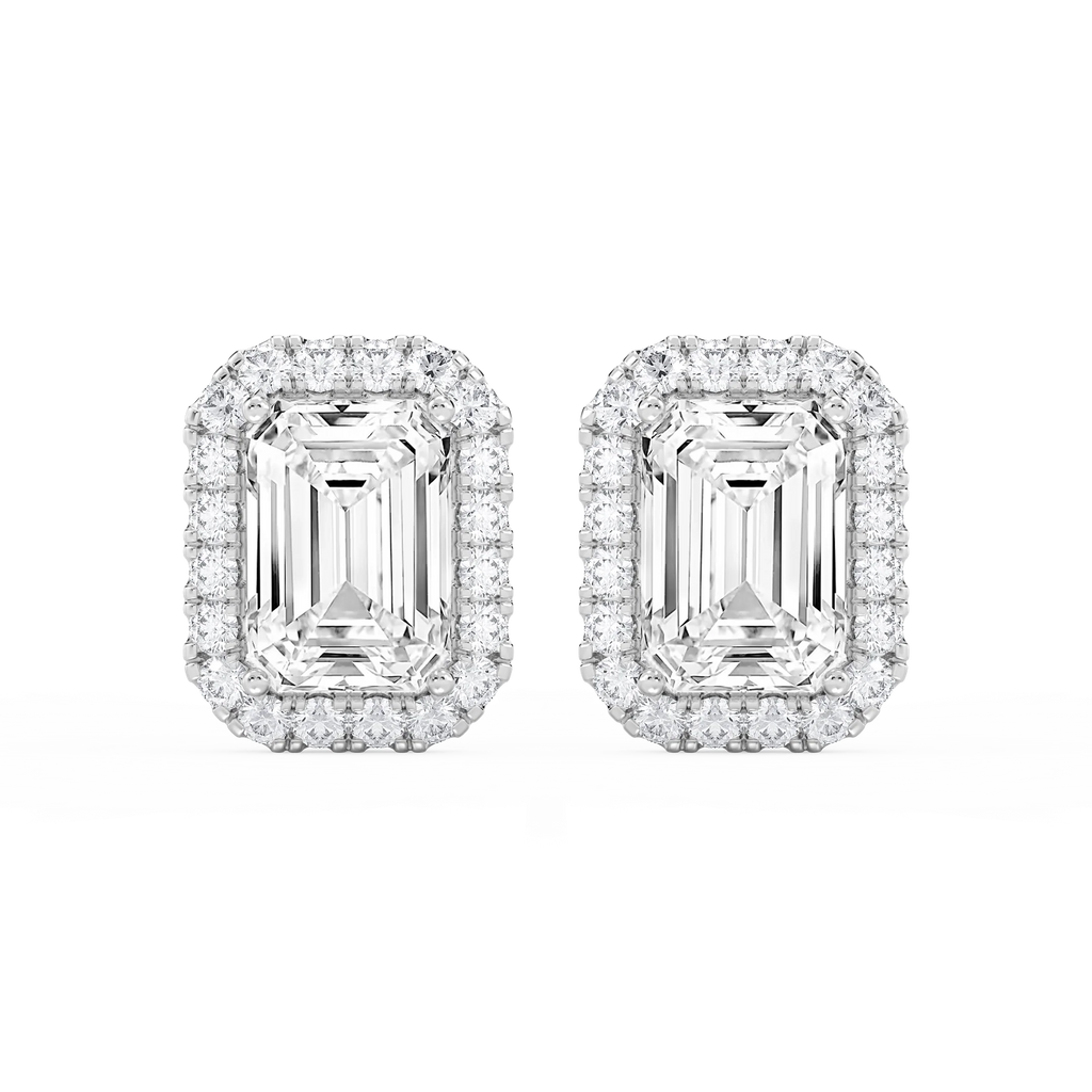 Emerald LGD Four Prong Basket Halo Stud Earrings - Platinum / 2 ¼ ctw