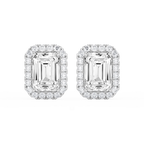 Emerald LGD Four Prong Basket Halo Stud Earrings - Platinum / 2 ¼ ctw