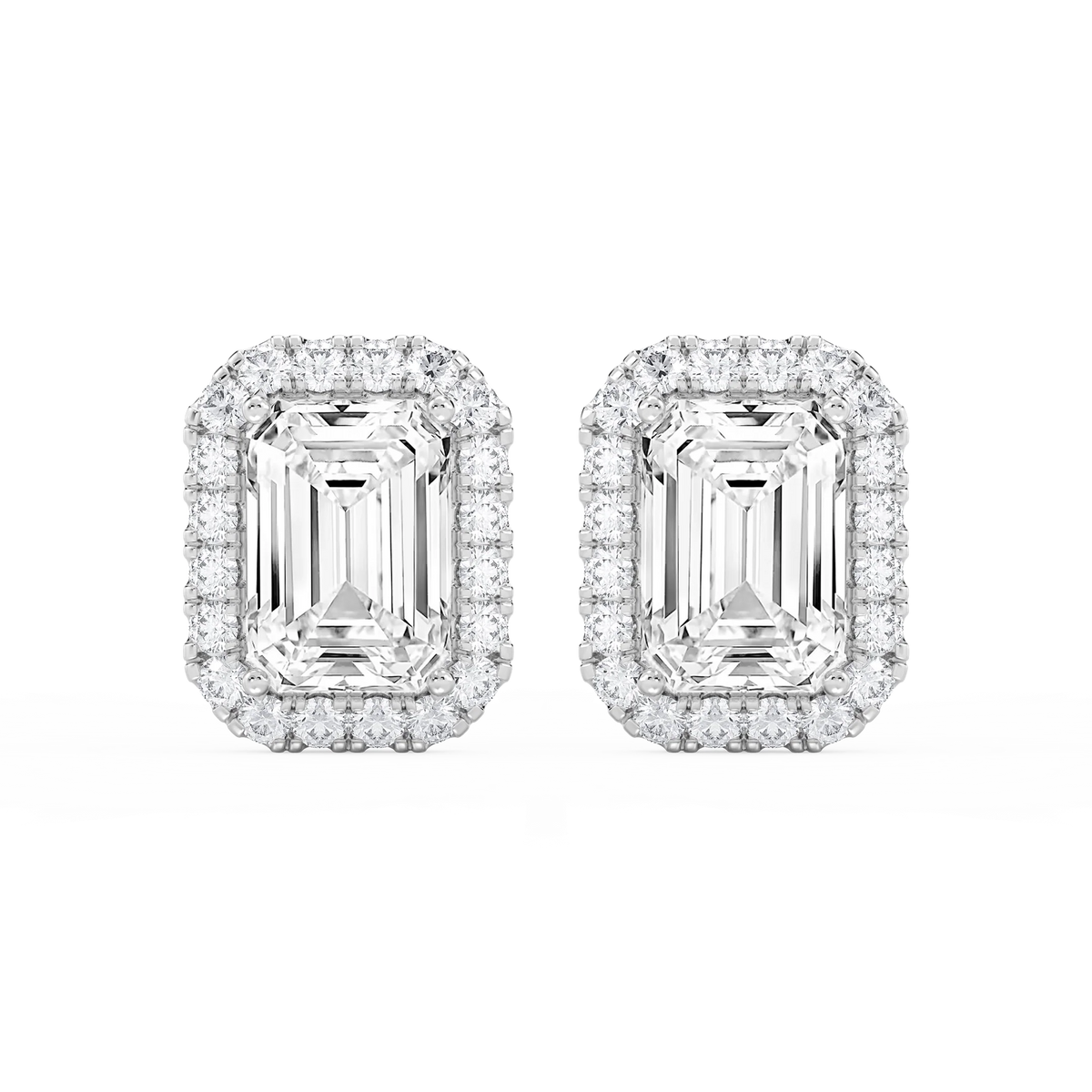 Emerald LGD Four Prong Basket Halo Stud Earrings - Platinum / 2 ¼ ctw