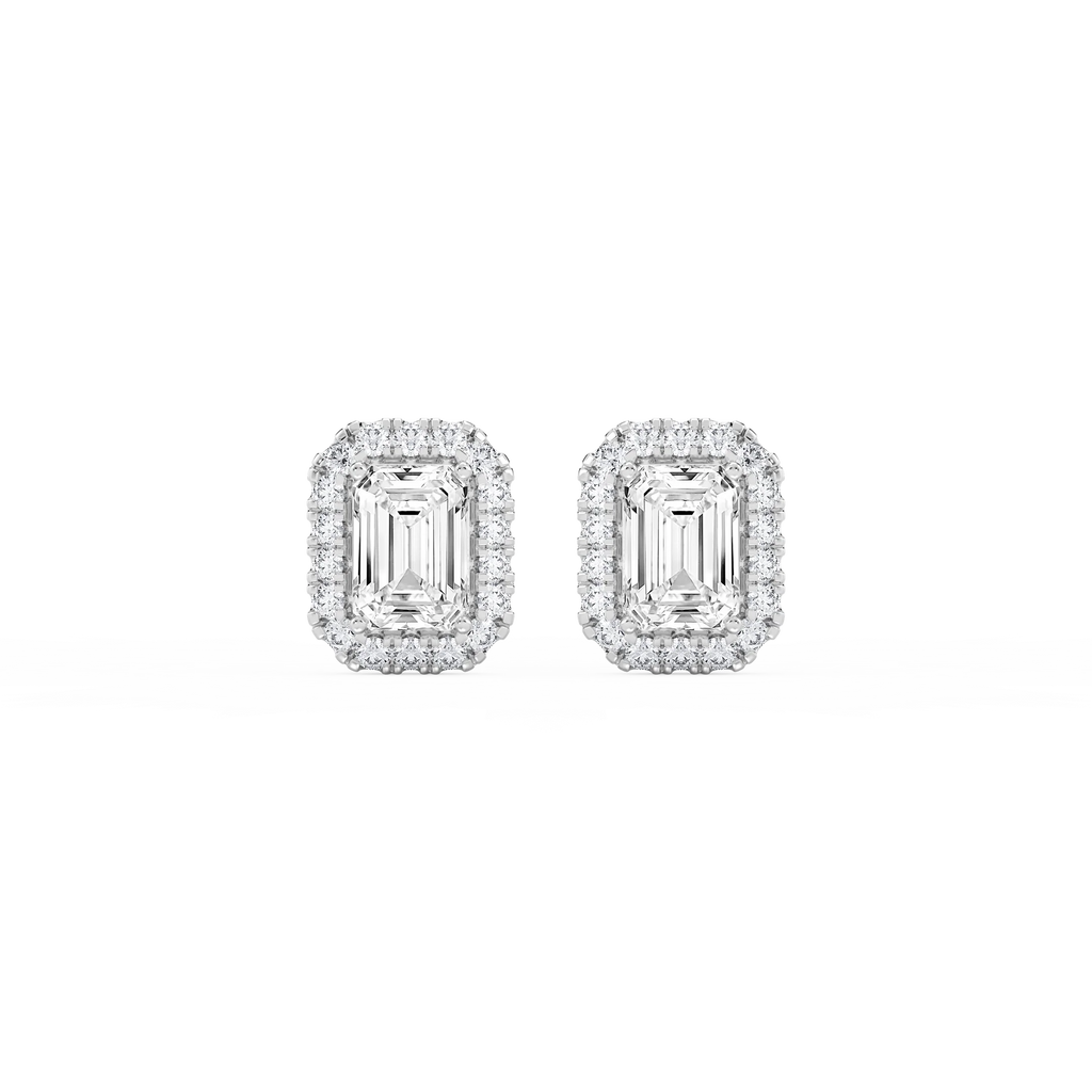 Emerald LGD Four Prong Basket Halo Stud Earrings - Platinum / 4 ½ ctw