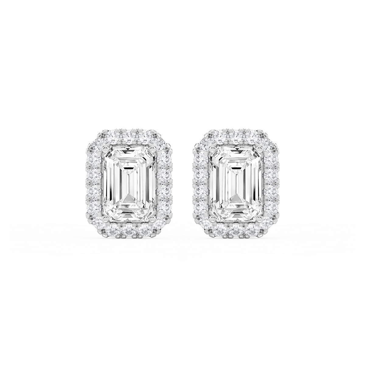 Emerald LGD Four Prong Basket Halo Stud Earrings - Platinum / 8 ⅞ ctw