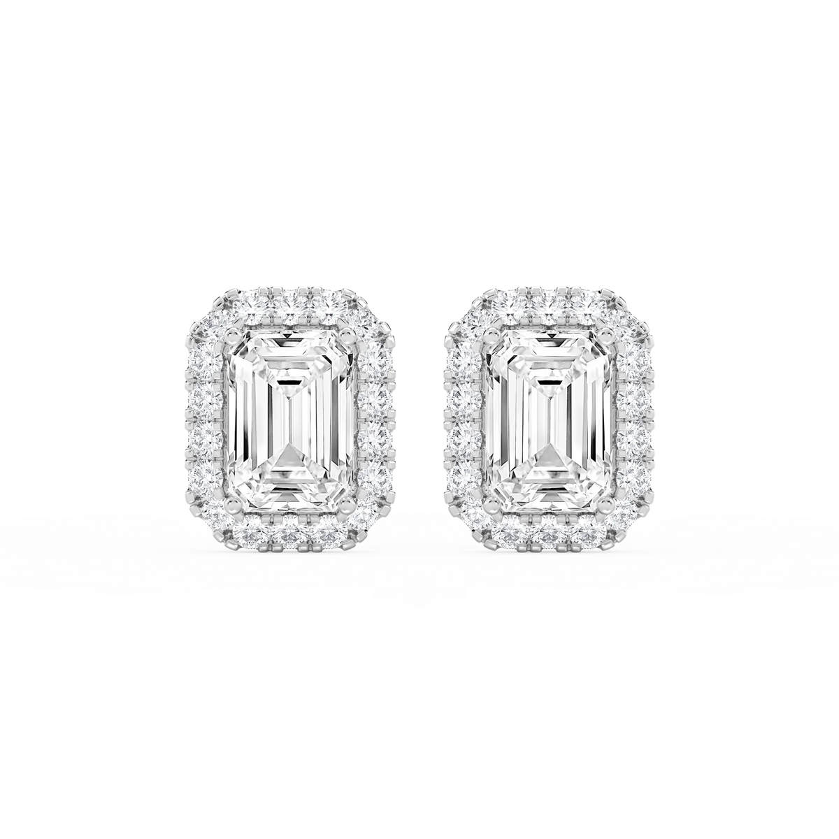 Emerald LGD Four Prong Basket Halo Stud Earrings - Platinum / 11 ¹⁄₁₅ ctw