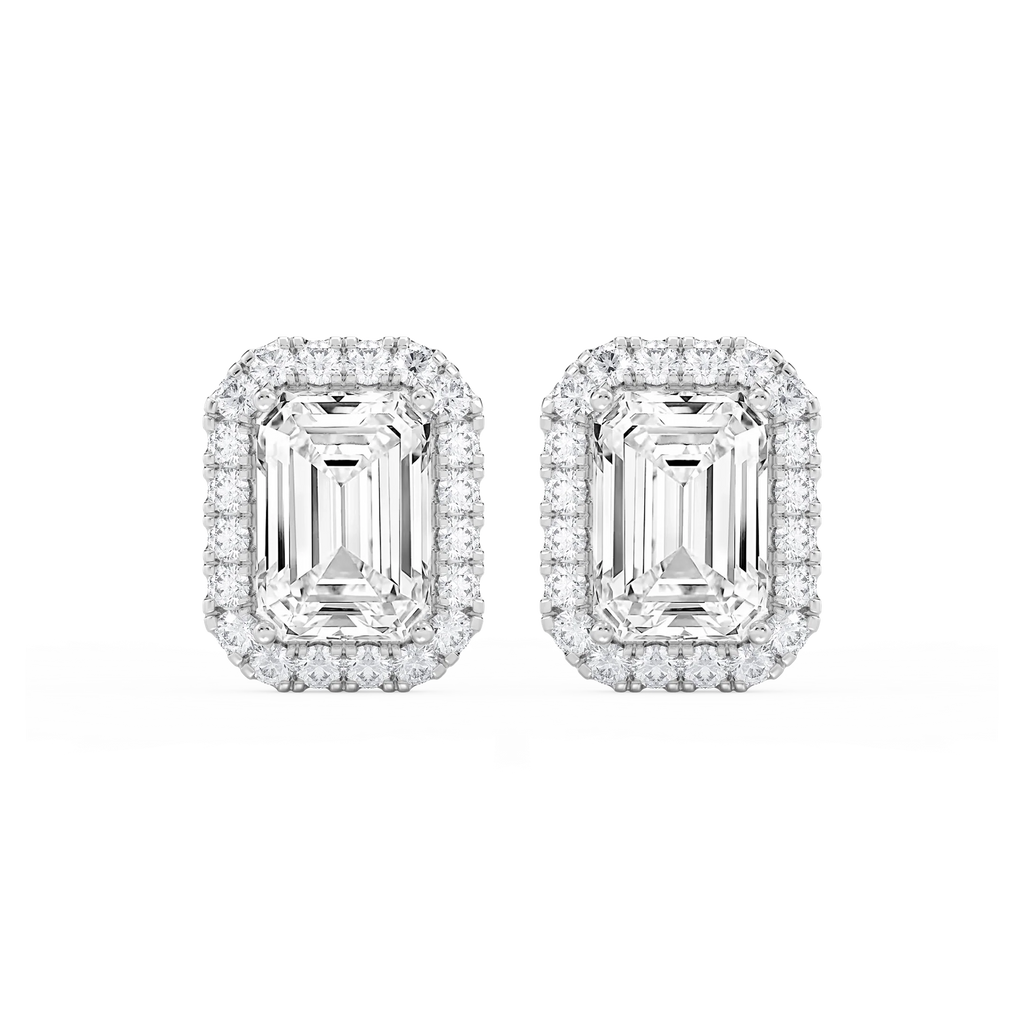 Emerald LGD Four Prong Basket Halo Stud Earrings - Platinum / 13 ¼ ctw