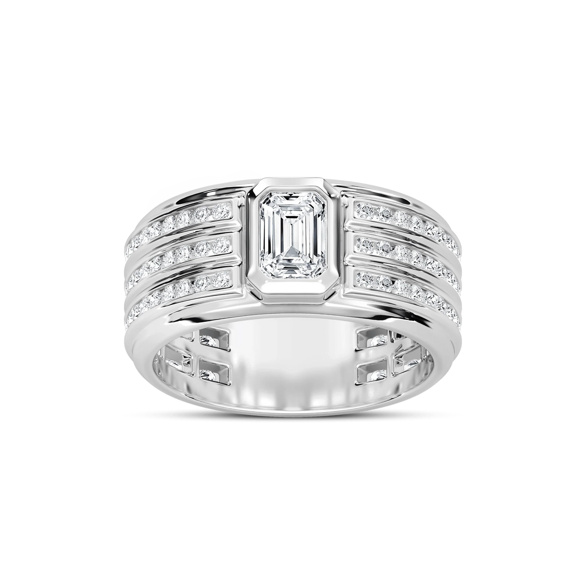 Grayson 1 ¼ ctw Emerald and Round LGD 10.40mm Channel Set Mens Wedding Band - 14K White Gold