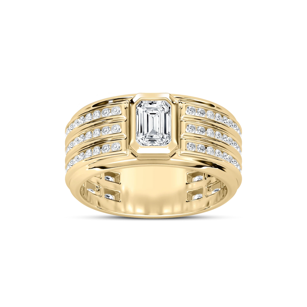Grayson 1 ¼ ctw Emerald and Round LGD 10.40mm Channel Set Mens Wedding Band - 14K Yellow Gold